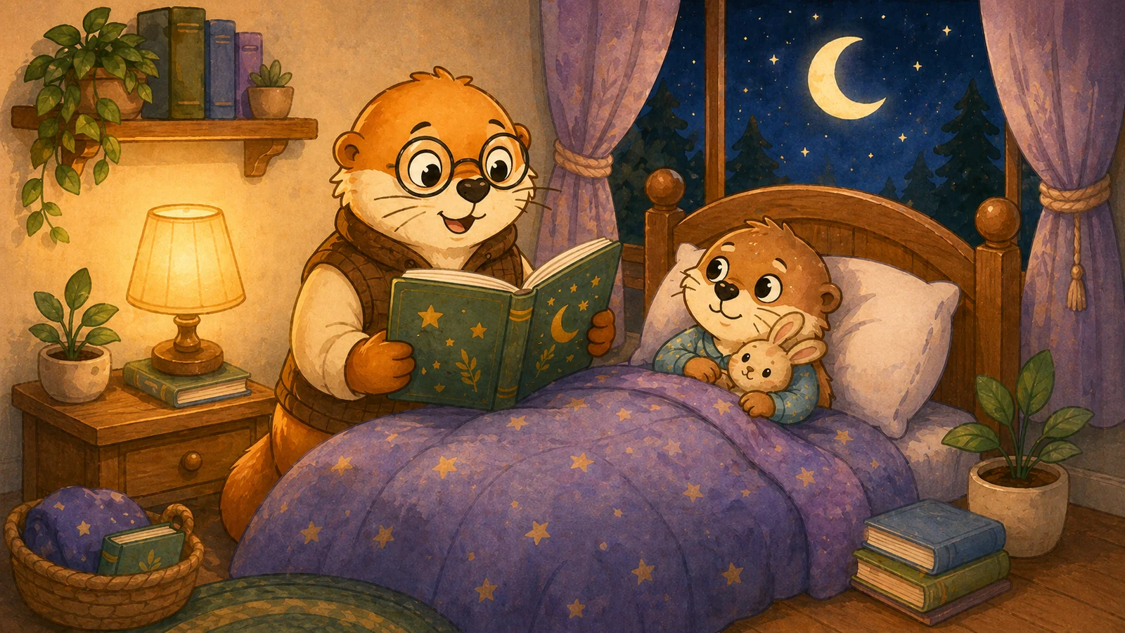 Professor Pebbles reading a bedtime story to a brown otter child