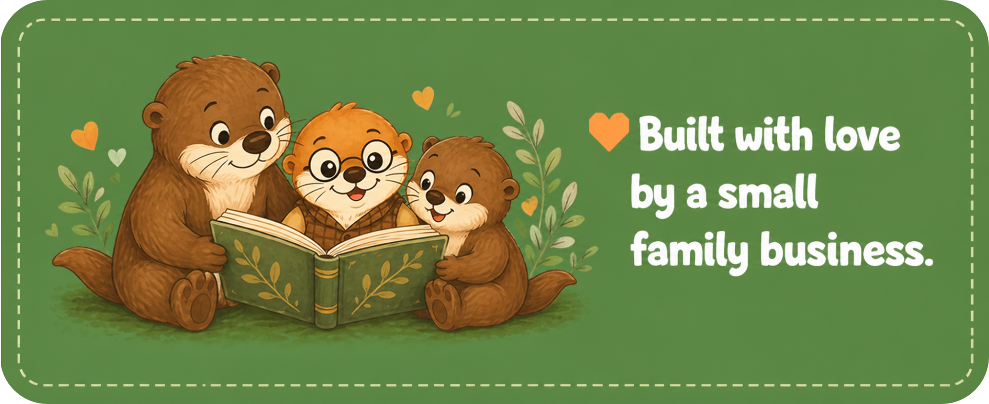 Brown otter family reading together with Professor Pebbles