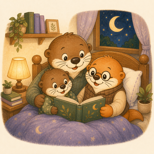 Brown otter parent and child reading a calm bedtime story with Professor Pebbles