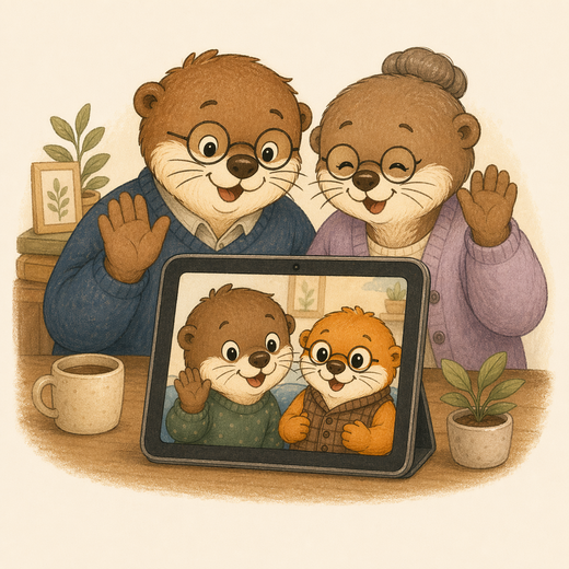 Brown otter grandparents video calling with a brown otter child and Professor Pebbles