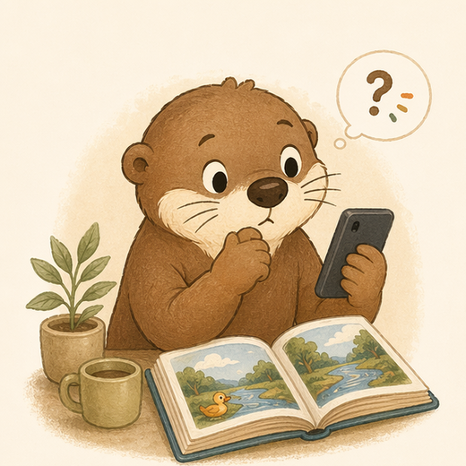 Brown otter parent checking pronunciation beside an open book
